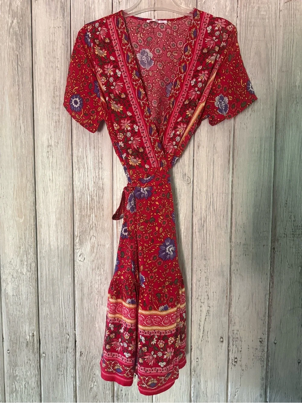 Boho Cupshe Red Floral Wrap-Style Midi Dress - Picture 2 of 10